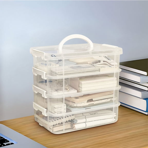 Euahivb Stackable Handheld Divided Desktop Storage Box, Full Transparent Multi Layer Carry All Organizer Case for Student Study Supplies and Portable Tabletop Item Storage