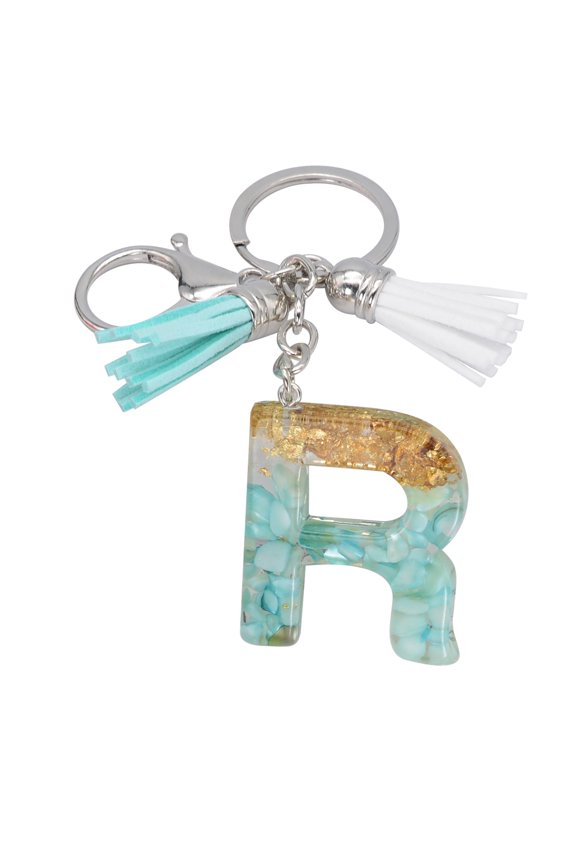 Tassel Alphabet Letter Key Chain, Resin Epoxy Pendant Embedded with Foil and Stone Chips, Decorative Key Ring Accessory for Handbags, Backpacks and Car Keys