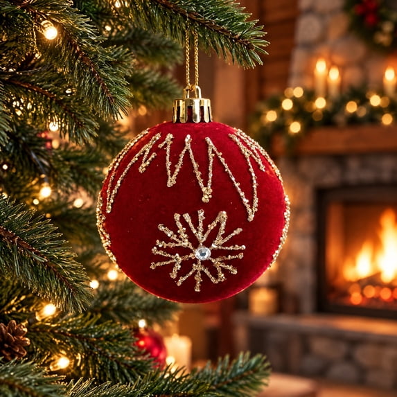 Euahivb Christmas Flocked Ball Ornament with Beaded and Rhinestone Design, Velvet Finish Hanging Bauble for Tree and Holiday Display