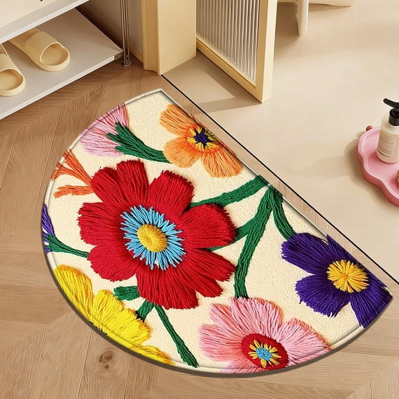Seyotauo 24x16 Inch Bohemian Flower Half Round Doormat Boho Floral Washable Semi Circle Area Rug Non Slip Absorbent Half Moon Rug for Indoor Outdoor Bathroom Kitchen Patio Fireplace Hearth Floor Mat