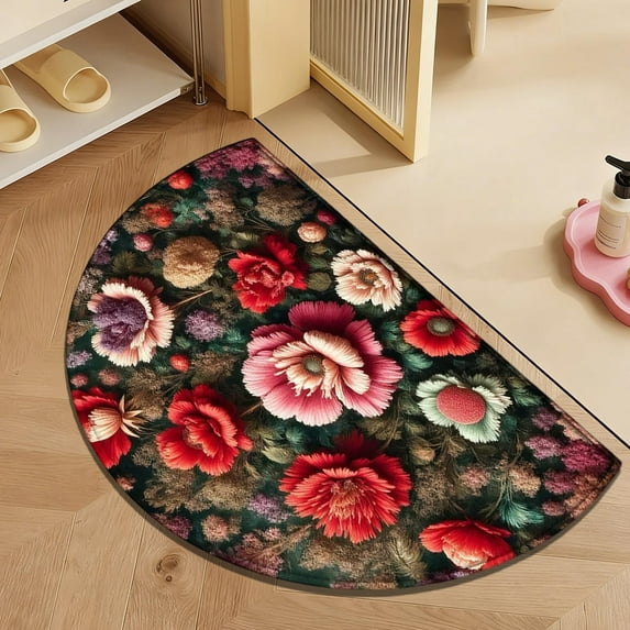 Seyotauo 24x16 Inch Bohemian Flower Half Round Doormat Boho Floral Washable Semi Circle Area Rug Non Slip Absorbent Half Moon Rug for Indoor Outdoor Bathroom Kitchen Patio Fireplace Hearth Floor Mat