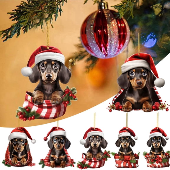 Euaioeiu Christmas Tree Car Air Freshener Hanging Ornaments, 6Pcs Dachshund Dog Interior Pendant Decor with Clip, 3.54in Acrylic Dashboard Decoration for Home Office Holiday Party Gift
