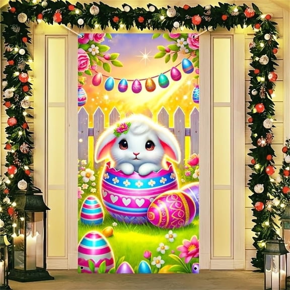 Euaioeiu Easter Door Curtain Spring Bunny Decorations with Floral Banners Backdrop for Home Party Doorway Wall Photo Booth Decor Indoor Outdoor Holiday Celebration