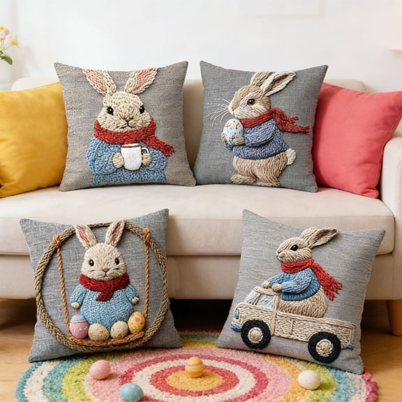 Euaioeiu Easter Pillow Covers Set of 4, Farmhouse Decor Spring Home Accents, Bunny and Floral Egg Print Cotton Cushion Covers for Living Room Sofa Bedroom Decorations