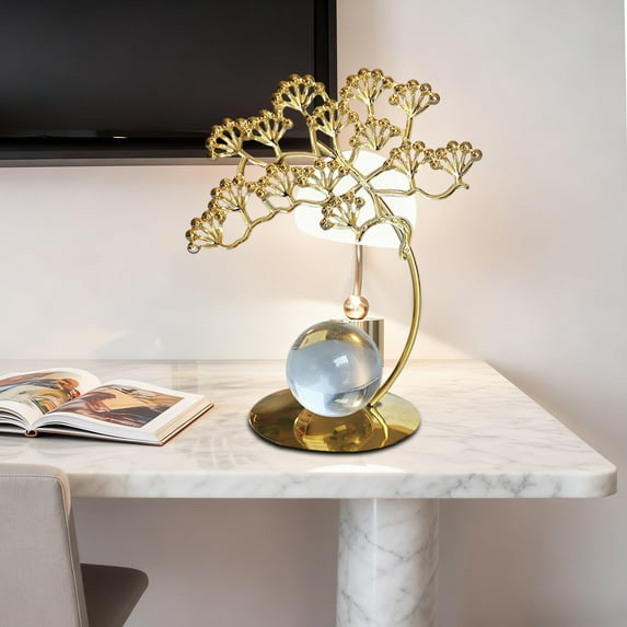 Euaioeiu Ginkgo Leaf Sculpture Metal Desk Decor, Modern Home Office Decoration, Gold Crystal Ball Base Statue, 5.91x4.33x1.97 in, Minimalist Art Decor for Bookshelf Living Room Table Centerpiece