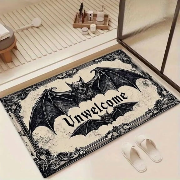 Euaioeiu Gothic Halloween Doormat Scary Welcome Mat with Bats Skull Design Horror Decor Front Door Entrance Rug for Party Indoor Outdoor Home Decor Spooky Season