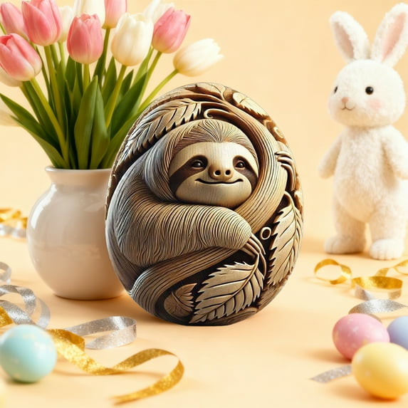 Euaioeiu Hand Carved Resin Easter Eggs Decorations, 3D Animal Floral Pattern Ornaments, 3.15x2.36 Inch, Brown Holiday Tabletop Centerpiece for Spring Home Party Decor