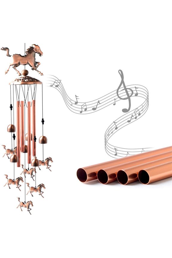 Handmade Copper Horse Wind Chime for Outdoor Garden Decor, Metal Animal Wind Chimes with 6 Tubes, 32 Inches Long, Balcony Patio Courtyard Hanging Ornament