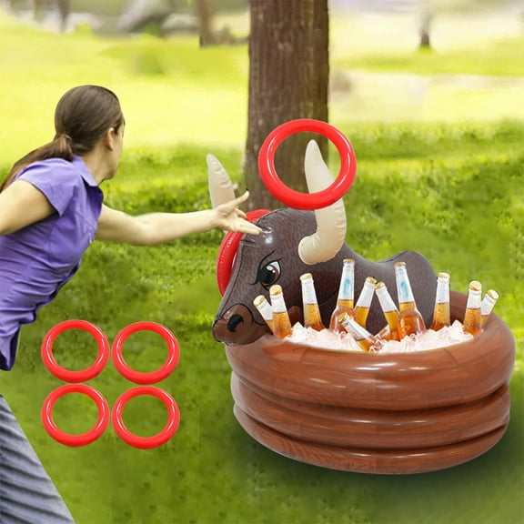 Euaioeiu Inflatable Bulls Ring Toss Game with Ice Bucket, Fun Outdoor Party Supplies for Backyard BBQ, Summer Pool Parties, Carnival Games, Adult Gatherings, and Tailgating Events