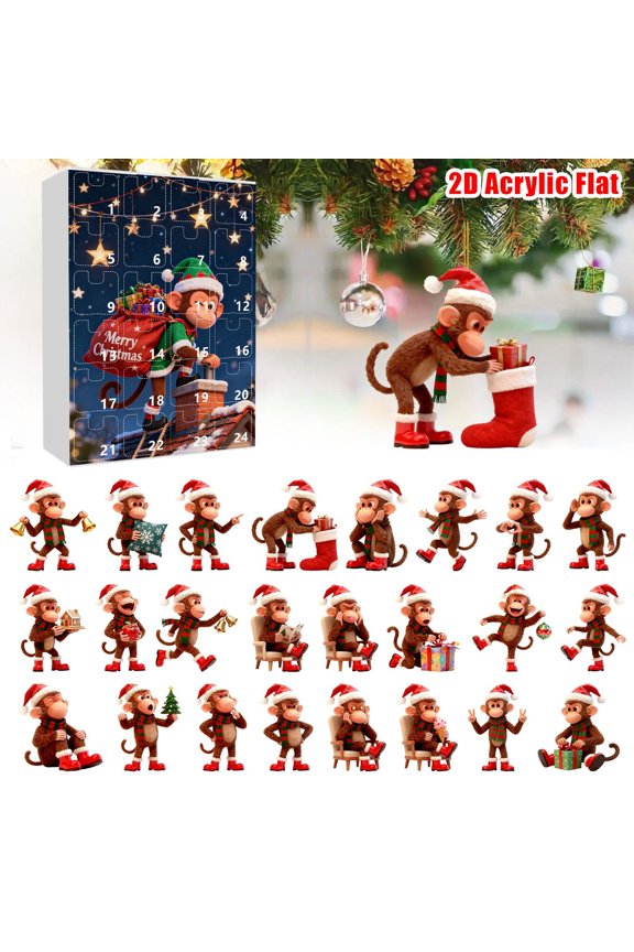 Monkey Christmas Countdown Calendar with 24 Adorable Hanging Ornaments, 2D Acrylic Festive Tree Decorations for Holiday Party Family Fun