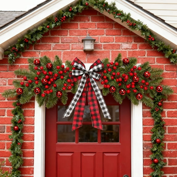 Euaioeiu Red Christmas Garland with Berries and Plaid Bow, 27.5 Inch Artificial Pine Needle Door Lintel Decoration, Waterproof Indoor Outdoor Holiday Decor for Xmas Party
