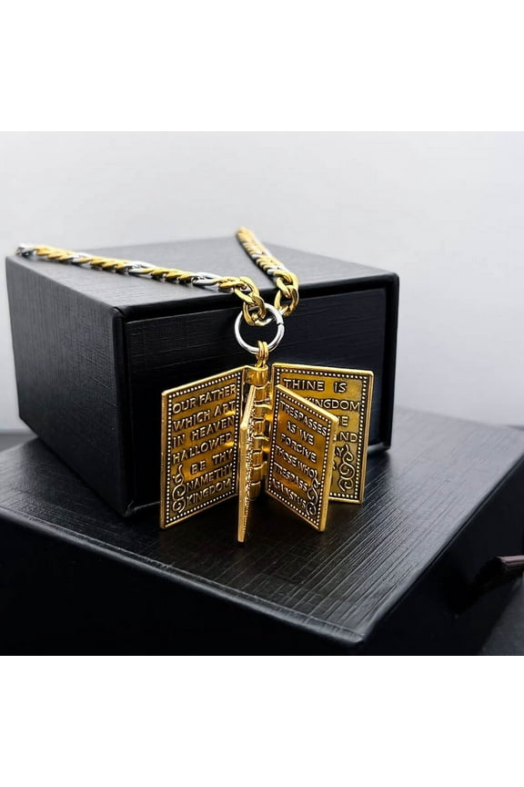 Religious Flip Book Necklace for Women Men, Personalized Inspirational Gift, Gold Plated Cable Chain, 21g Weight, Scripture Verse Pendant, Church Baptism Confirmation Party