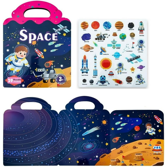 Euaioeiu Reusable Jelly Sticker Activity Book with Handle, 7 Educational Themes, Washable PVC Stickers for Preschool Learning, Travel Toys for Toddlers, Home & Car Play