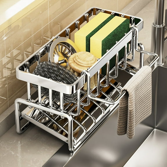 Euaioeiu Stainless Steel Kitchen Sink Organizer&nbsp;|&nbsp;Drying Rack with Towel Bar and Drainage&nbsp;|&nbsp;Multi-Layer Soap Sponge Brush Holder&nbsp;|&nbsp;for Countertop Sink Side Organization