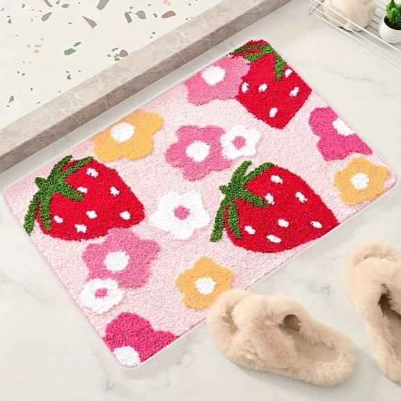 Euaioeiu Strawberry Floral Bathroom Mat, Non Slip Absorbent Soft Shaggy Rug, Modern Farmhouse Decor with Anti Skid Backing, for Master Bath Shower Tub Side and Vanity Area Floor