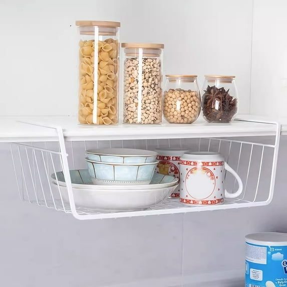 Euaioeiu Under Shelf Storage Basket Organizer, Expandable Hanging Rack for Kitchen Pantry Cabinet Laundry Room Bathroom Counter Space Saving
