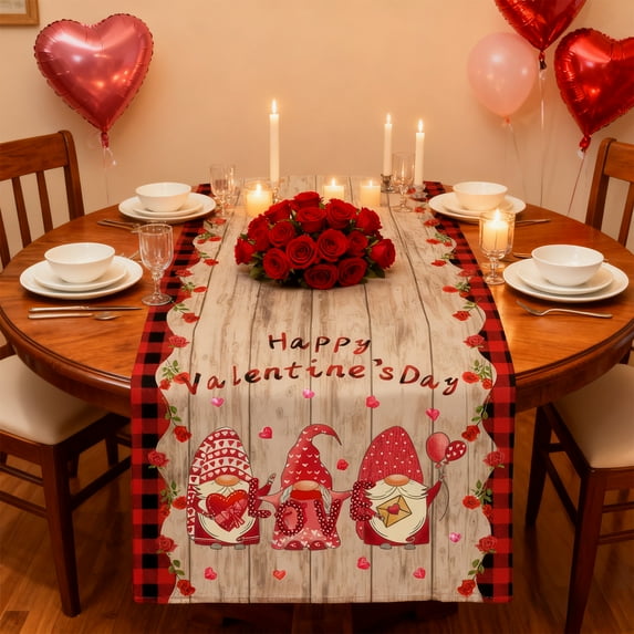 Euaioeiu Valentine's Day Heart Table Runner Red Rose Printed Linen Tablecloth 13x71in Holiday Decor for Dining Party Wedding Romantic Dinner Decorations