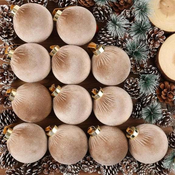 Euaioeiu Velvet Flocked Shatterproof Christmas Tree Ornaments, 12 Pack Large 2.36 Inch Flocked Ball Decorations, Red Burgundy Tan White Brown Holiday Balls for Xmas Tree Wreath Garland Mantel Decor