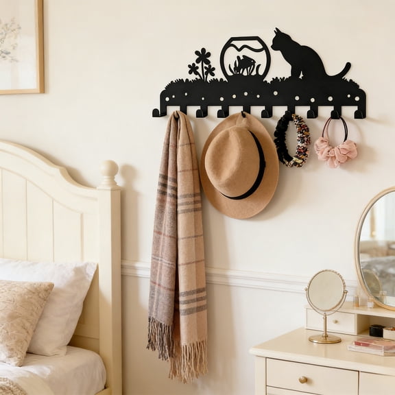 Euaioeiu Wall Mounted Hooks Rack, Space Saving Organizer for Entryway Hallway Bedroom, Heavy Duty Metal Coat Hat Bag Hanger with Decorative Scroll Design, Modern Farmhouse and Industrial Home Decor