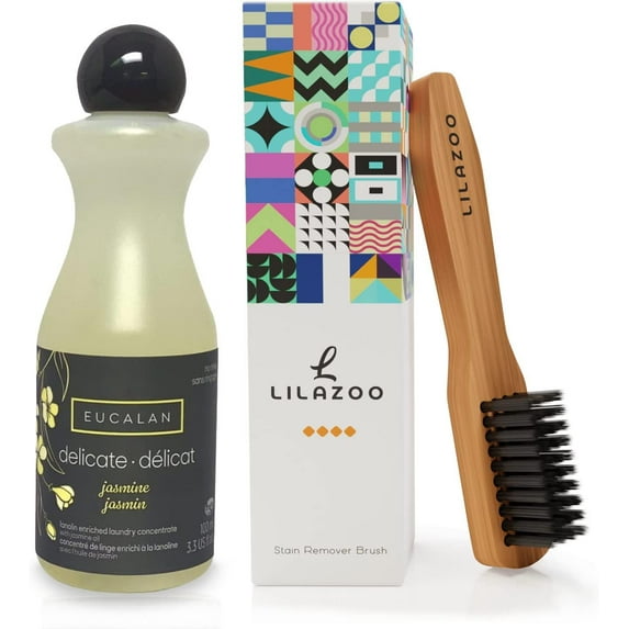 Eucalan Delicate Wash Jasmine Concentrate - Eucalan No Rinse Delicate Wash Detergent - Delicate Laundry Wash for Fine Fabrics, & Lilazoo Laundry Brush - Delicates Soaps Fabric Wash - Jasmine Scented