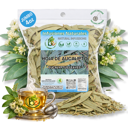 Eucalipto Hoja Té (Dried Eucalyptus Leaf Herbal Tea) – 4 oz (113 g) Loose Leaf – 100% Natural, Vegan, Non-GMO – Tea Infuser – Premium Eucalyptus Leaves – Hot or Cold Herbal T