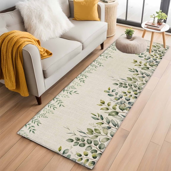 Eucalyptus 2'x6' Runner Rug, Sage Green Farmhouse Leaf Pastoral Plant Washable Non-Slip Area Rugs for Hallway Kitchen Floor Bedroom Entryway, Long Laundry Carpet Decoration Indoor Mat