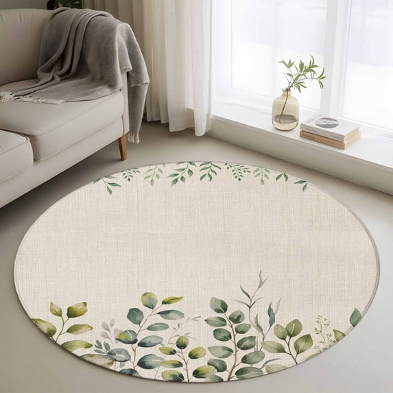 Eucalyptus 3ft Area Rug, Sage Green Farmhouse Leaf Pastoral Plant Washable Non-Slip Small Round Rugs for Entryway Bedroom Kitchen, Soft Circle Carpet for Dining Room, Playroom Nursery Rug