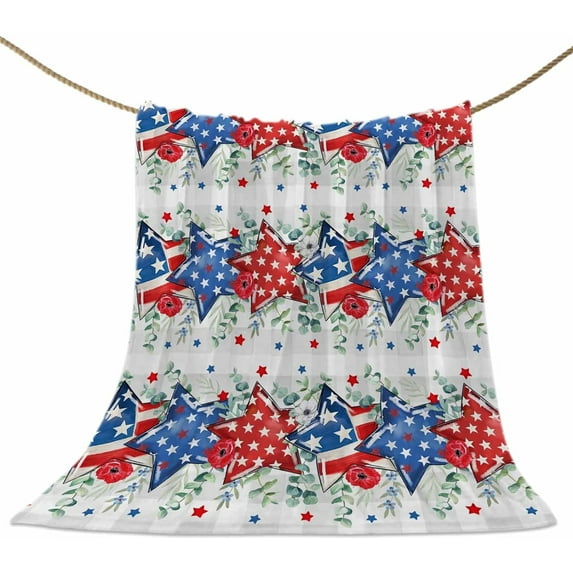 Eucalyptus 4th of July Throw Blankets, Patriotic American Flag Stars Soft Fleece Blanket Decorative for Home Sofa Couch Chair Living Bedroom,60x80 Inches, Grey Gingham