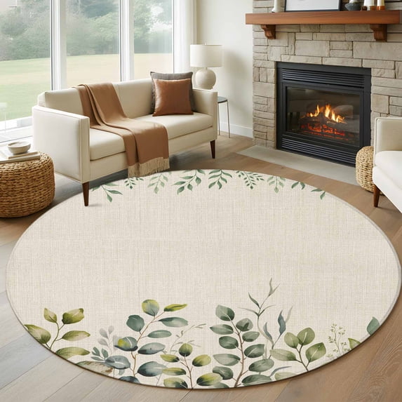 Eucalyptus 6ft Round Rugs, Sage Green Farmhouse Leaf Pastoral Plant Washable Non-Slip Area Rugs for Living Room Bedroom Kitchen, Soft Low Pile Dining Room Kicthen Circle Carpet, Indoor Floor Rug