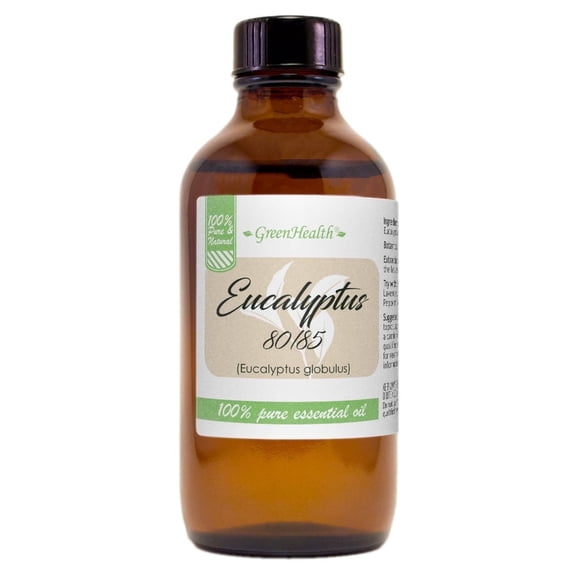 GreenHealth Eucalyptus 80/85 Essential Oil 4 fl oz | 100% Eucalyptus Oil | Amber Glass Bottle w/ Cap | for Aromatherapy, Shower Steamers, Room Sprays, Soap Making