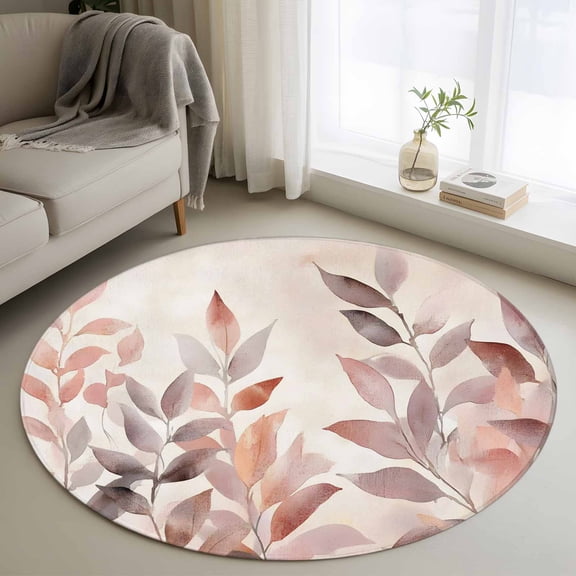 Eucalyptus Aesthetic Floral Round Rugs for Living Room 4ft Plant Rustic Chic Brown Plant Non Slip Circle Rug Washable Low-Profile Indoor Carpet for Bedroom, Dining Room, Bathroom
