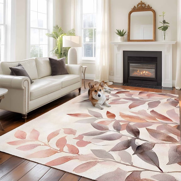 Eucalyptus Aesthetic Floral Washable Area Rug 5x8 Plant Rustic Chic Brown Plant Low-Profile Large Area Rugs with Non Slip Backing Indoor Floor Carpet for Entrance Living Room Bedroom Home Office