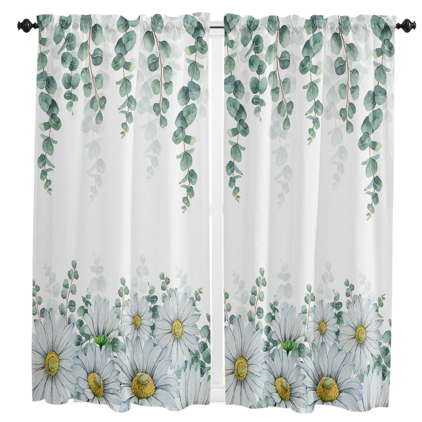 Eucalyptus American Idyllic Plant Flower Daisy Rod Pocket Short Curtain HalfCurtain For Kitchen