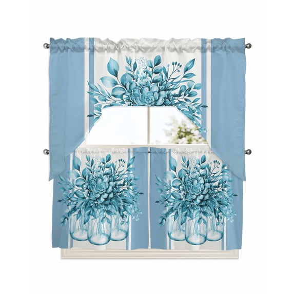 Eucalyptus Aqua Kitchen Curtains Swag Valance and Tier Curtains Set 24 Inch Length, Stripes Bottle Flower Cactus Plant Rod Pocket Drape Panels Pair Swag Curtains for Bathroom/Cafe/Window