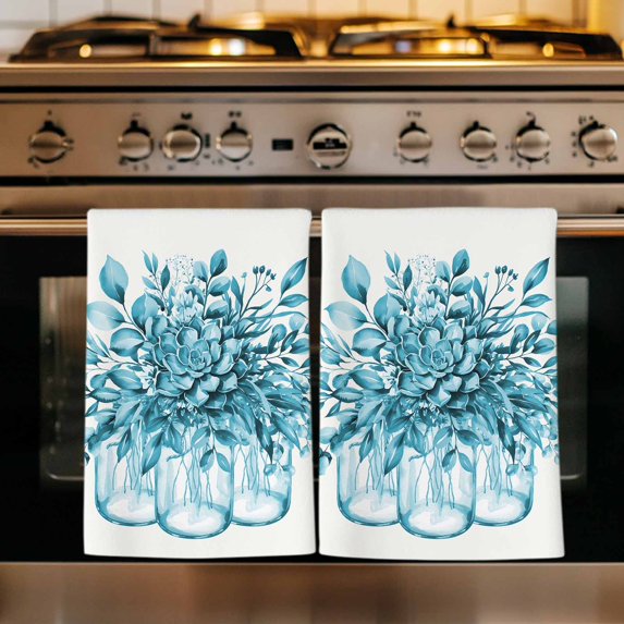 Eucalyptus Aqua Kitchen Towels Set of 4, Stripes Bottle Flower Cactus Plant Absorbent Dish Towels for Kitchen, Microfiber Hand Towel, Quick Drying Tea Towel for Cleaning Decorative Dishcloths