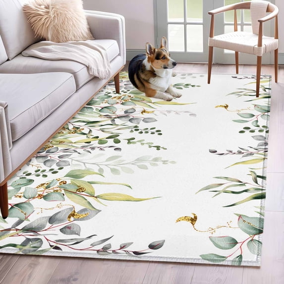 Eucalyptus Area Rugs 3'x5', Washable Small Throw Rugs for Living Room Bedroom, Sage Green Botanical Weeping Leaf Indoor Outdoor Rug Non-Slip Low Pile Carpet Runner Reversible Floor Mats