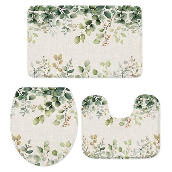 Eucalyptus Bath Mat 3 Piece Bathroom Rug Set, Rustic Chic Greenery Plant Round Weeping Leaf Non Slip Bath Rug Contour Mat and Toilet Lid Cover, Absorbent Shower Mats Soft Bath Rugs and Mats Sets