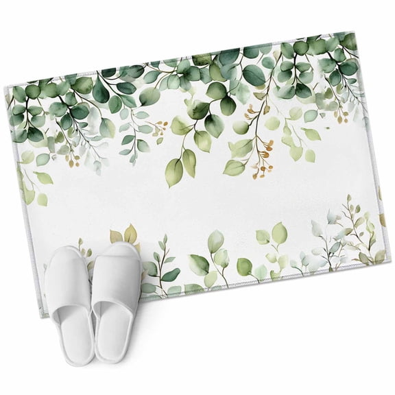Eucalyptus Bathroom Mat 2x3 FT, Non Slip Small Kitchen Mat, Sage Green Brown Leaf Boho Minimalist White Washable Soft Backed Front Door Throw Rug Indoor Outdoor Doormat for Entryway Sink