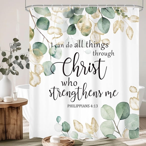 Eucalyptus Bible Verse Shower Curtain Green Leaves Gold Watercolor Plant Christian Quotes Botanical Leaf Scripture with 12 Plastic Hooks Fabric Waterproof Toilet Accessories Decor