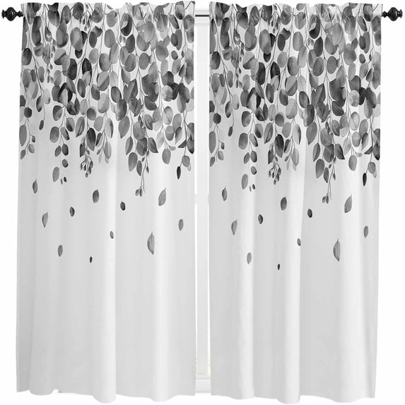 Eucalyptus Black Kitchen Curtain 2 Panels Curtains 63 Inch Length, Curtains Rod Pocket Curtains Window Drapes Treatment Window Cafe Curtains Watercolor Spring Botanical Leaves White 42x63