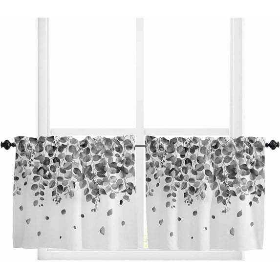 Eucalyptus Black Kitchen Curtain 2 Panels Tiers Curtains 24 Inch Length, Curtains Rod Pocket Curtains Window Drapes Treatment Window Cafe Curtains Watercolor Spring Botanical Leaves White 55x24