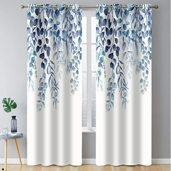 Eucalyptus Blackout Curtains, Weeping Navy Blue Succulent Plant Flower Drapes Room Darkening Thermal Insulated Polyester Fabric, Grommets Window Drapes for Living, Dining 42"W x 45"L (Pack of 2)