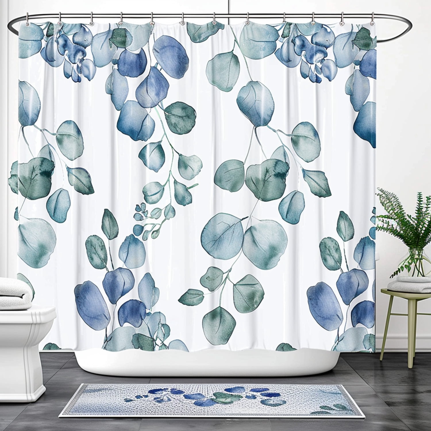 Eucalyptus Blue Bathroom Set: Watercolor leaves on white background ...