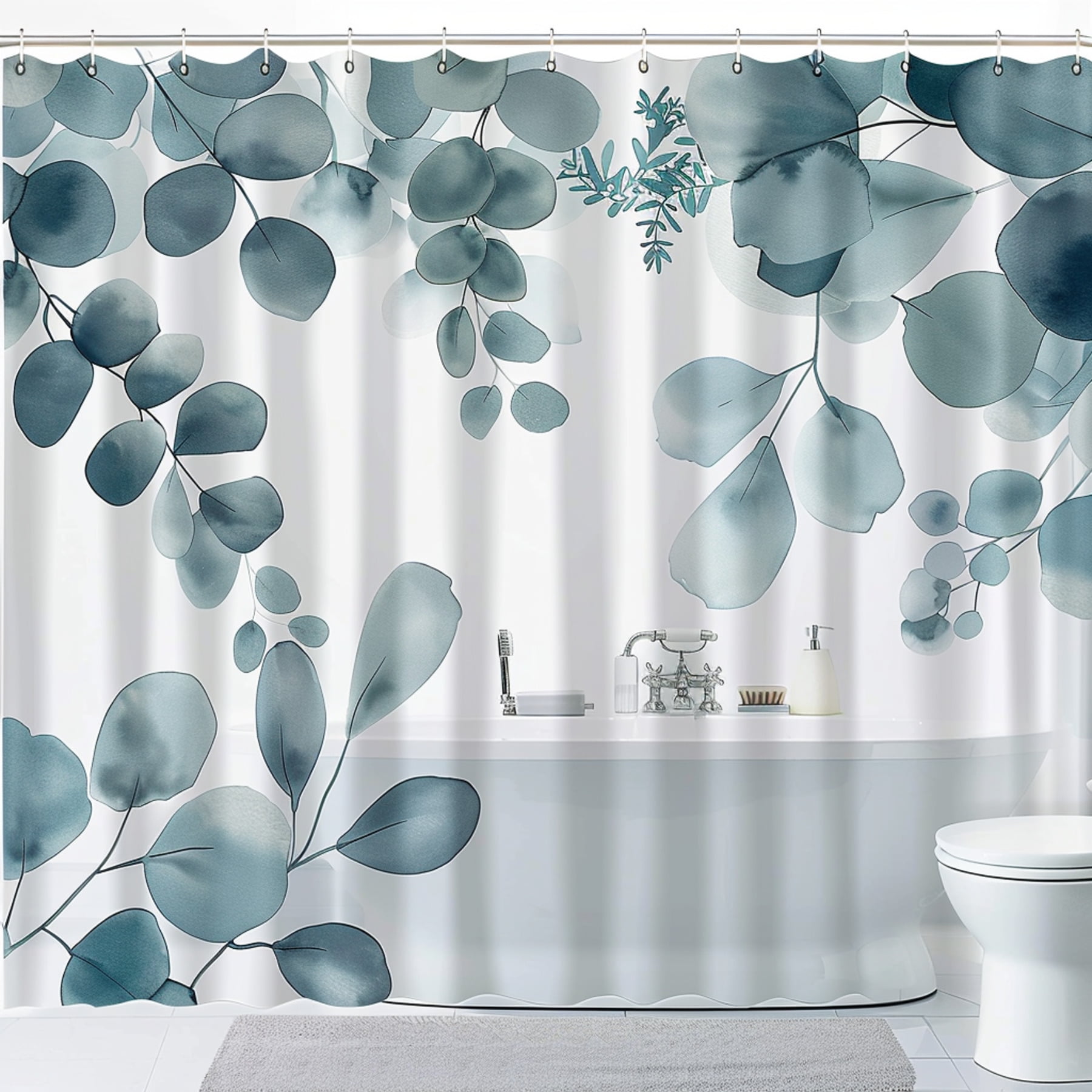 Eucalyptus Blue Bathroom Set with Watercolor Leaf Decor Dark Gray Tone ...