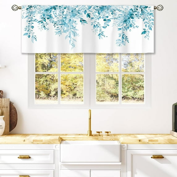 Eucalyptus Blue Leaves Curtain Valance for Window Treatments Botanical Floral Plant Rod Pocket Kitchen Treatment Flower Drapes for Bathroom Bedroom Living Room 1 Panel (52x18 Inch)