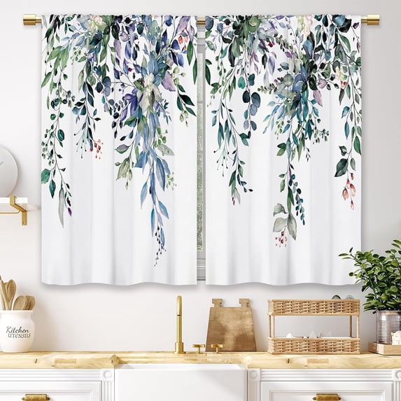 Eucalyptus Blue Purple Leaves Kitchen Curtains Botanical Floral Plant Small Short Cafe Window Curtains Flower Rod Pocket Bathroom Window Drapes Treatment Tier Curtains 2 Panels (26x36 Inch)