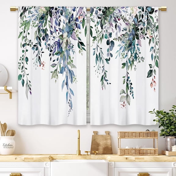 Eucalyptus Blue Purple Leaves Kitchen Curtains Botanical Floral Plant Small Short Cafe Window Curtains Flower Rod Pocket Bathroom Window Drapes Treatment Tier Curtains 2 Panels (26x36 Inch)