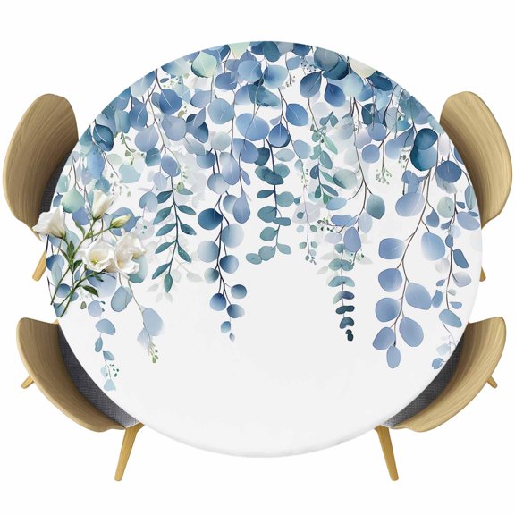 Eucalyptus Blue Round Tablecloth 36-44 Inch Round Fitted Table Cloth with Elastic Edge, Farmhouse Leaves Summer Spring Waterproof Table Cover Protector for Outdoor Picnic Party Dining