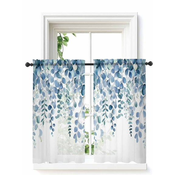 Eucalyptus Blue Tier Curtains 45 Inch Length,Sheer Curtains for Bedroom Living Room Window, Farmhouse Leaves Summer Spring Rod Pocket Voile Drapes Kitchen Curtains for Small Window 27.5"x45" 2 Panels