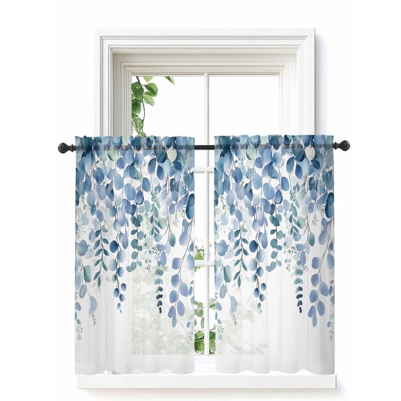 Eucalyptus Blue Tier Curtains 45 Inch Length,Sheer Curtains for Bedroom Living Room Window, Farmhouse Leaves Summer Spring Rod Pocket Voile Drapes Kitchen Curtains for Small Window 27.5"x45" 2 Panels